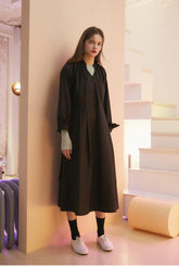 Linen Midi Dress With Drawstring Neckline And Ruffled Cuffs